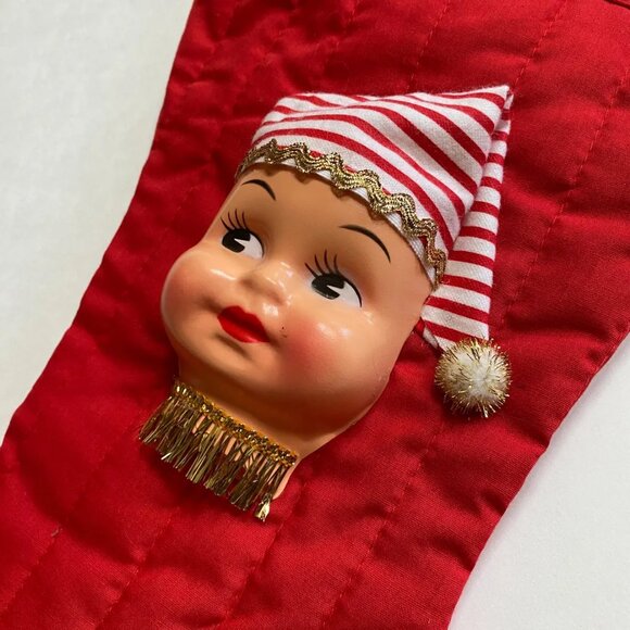 Christmas Stocking with Dolly Face Holiday Decor Xmas Vintage Handmade - Picture 4 of 6